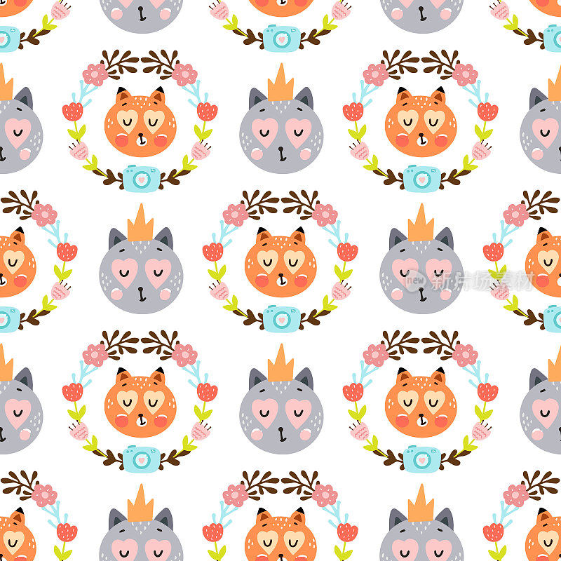 Seamless pattern with cute happy animals